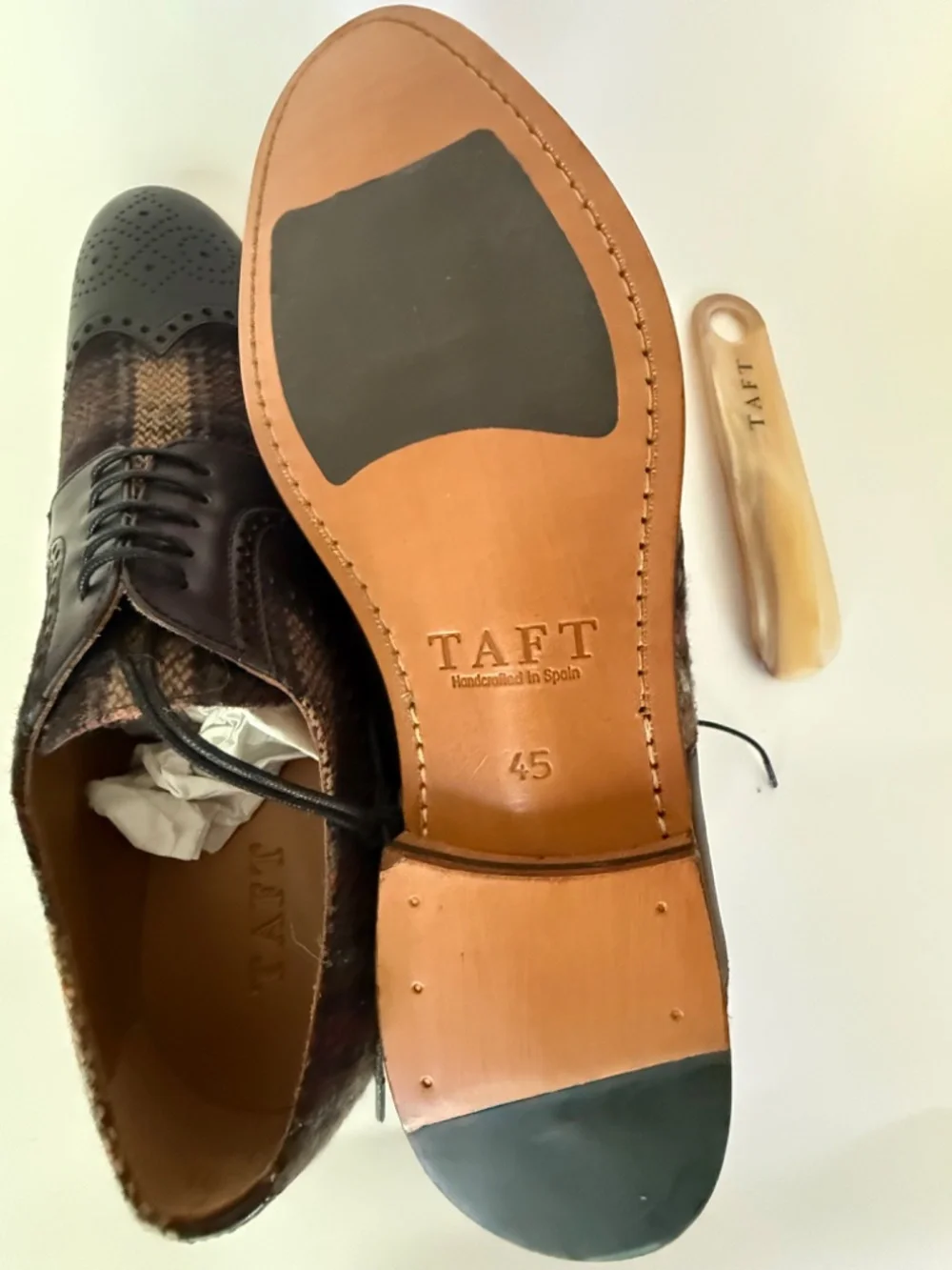 TAFT The Wallace Wingtip Oxford Black Leather Brown Tartan Plaid EU 45